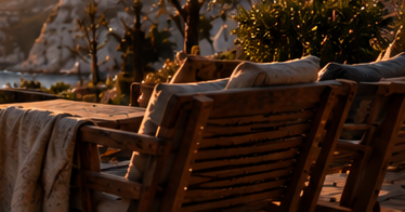 A quiet coastal terrace in evening light