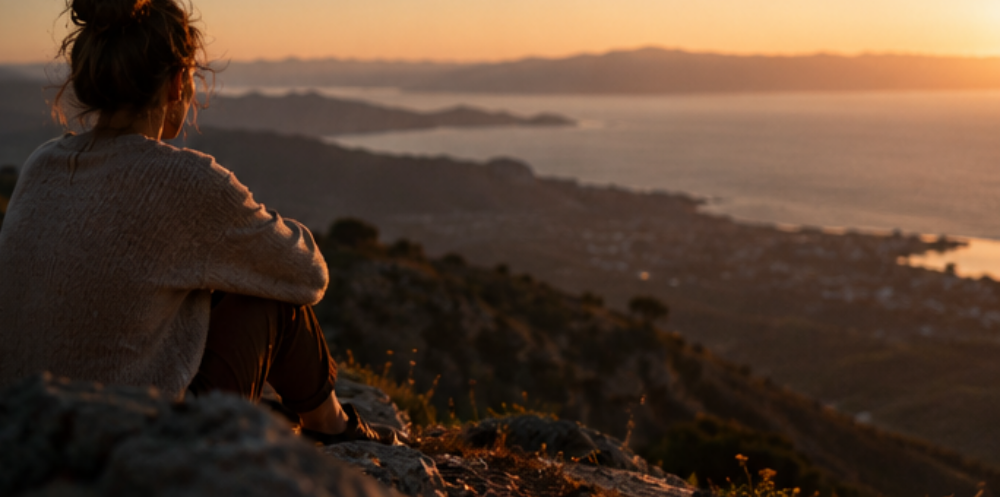 A woman seated on a coastal overlook at sunset
