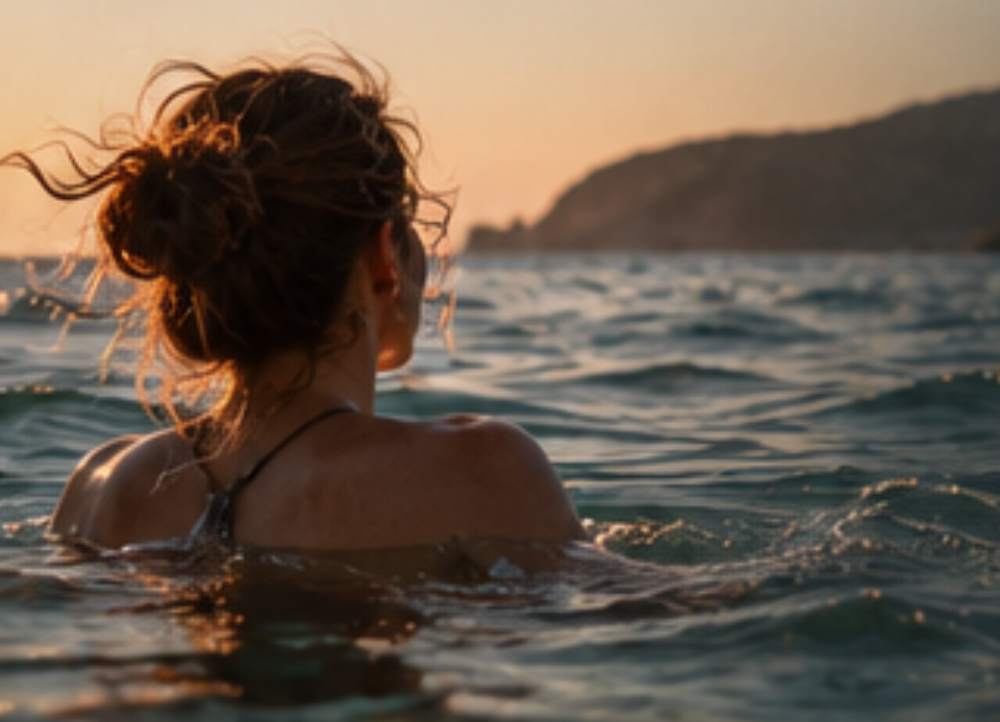 A woman enjoying the sea at sunset