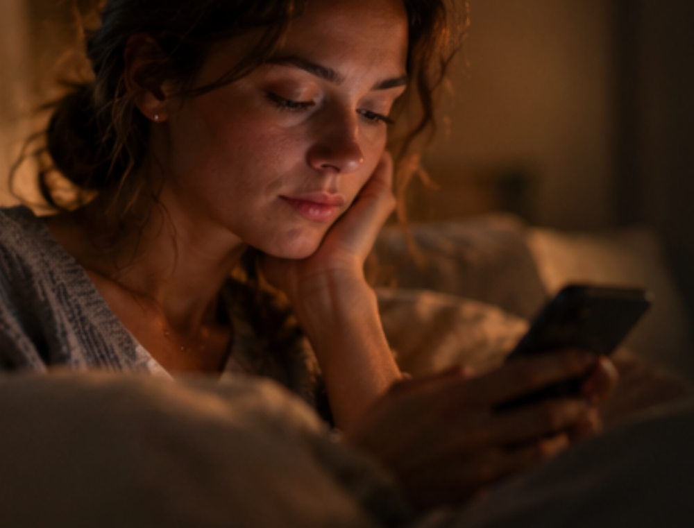 A woman looking at her phone in warm evening light